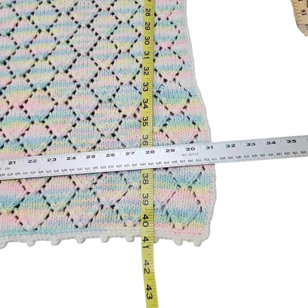 Vintage Handmade Pastel Rainbow Knit Baby Blanket‎ Crocheted Trim Unisex Grandma